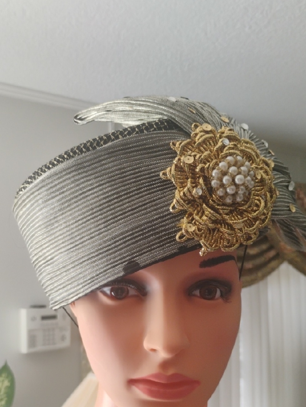 Silver Feathered Pillbox Hat with Gold Pearl Flower